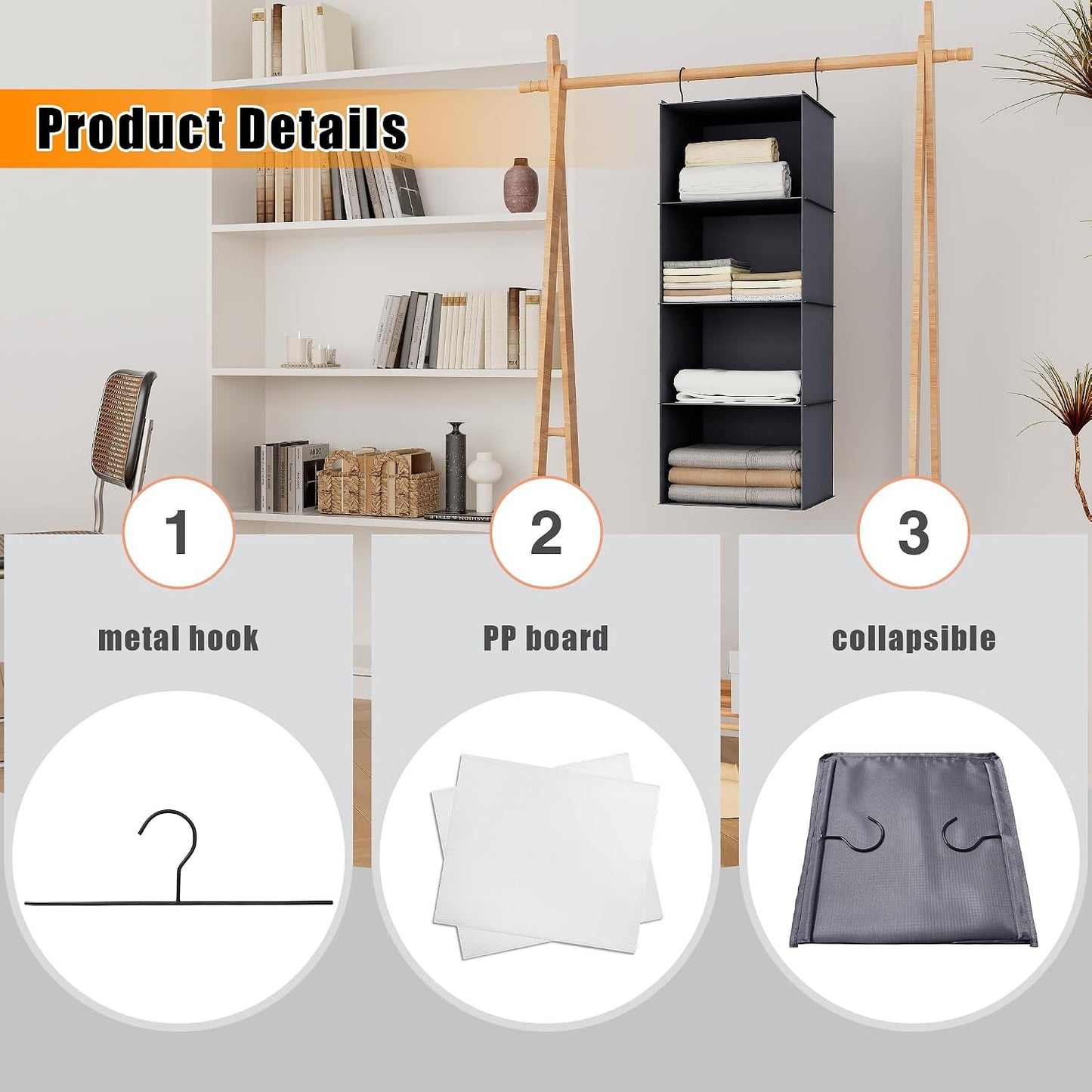 Hanging Closet Organizer 3-Shelf, Oxford Fabric Wardrobe Storage, Gray | Easy-mount foldable design holds clothes, handbags, shoes & accessories; washable Oxford fabric, sturdy and space-saving.