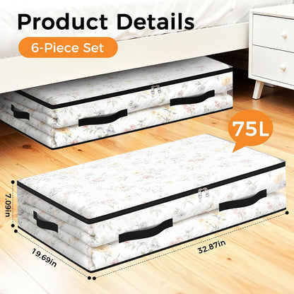 6 Pack Under Bed Storage Bags, 60L Foldable Clear Storage Containers with Handles, Dual Zippers for Comforter, Clothes, Bedding, Linen Sheets, Sweaters, Blanket Storage