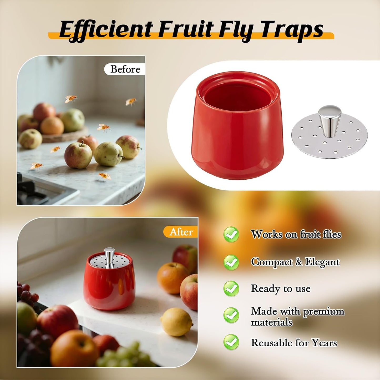 Ceramic Fruit Fly Trap for Indoors, Reusable Kitchen Fly Catcher with Stainless Steel Vent Lid, Uses Safe & Natural Vinegar Bait Trap, Dishwasher Safe, Easy to Use (White,1 Pack)