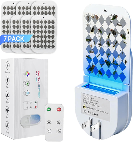 Fruit Fly Traps for Indoors, Plug in Fly Trap Indoor, 900 Sq Ft Protection Area, 6 Color Light Indoor House Bug Catcher with RC for Flying Insects Gnats Fruit Flies (1 Device+7 Refills)