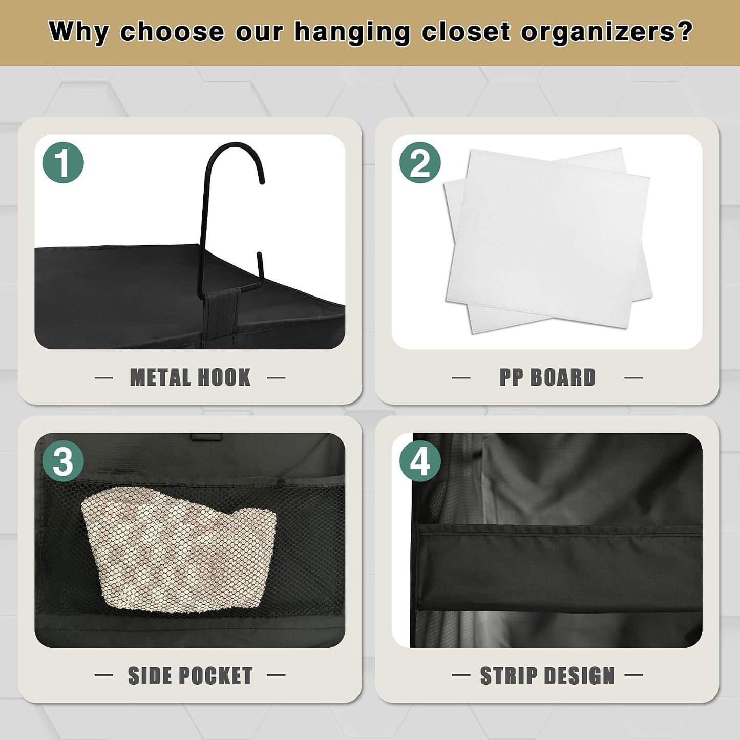 3-Shelf Hanging Closet Organizer, Washable Foldable Storage, Dark Gray | Front lip keeps items secure; side pockets add room; Oxford fabric handles towels, shirts, baby items, dorms, RVs or travel.