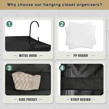 3-Shelf Hanging Closet Organizer, Washable Foldable Storage, Dark Gray | Front lip keeps items secure; side pockets add room; Oxford fabric handles towels, shirts, baby items, dorms, RVs or travel.