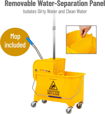 Mind Reader Mop Bucket with Wringer (Mop Not Included), 5.5 Gallon Cleaning Bucket with Wheels and Handle, Upward Press Wringer, Small Mop Compatible, Yellow