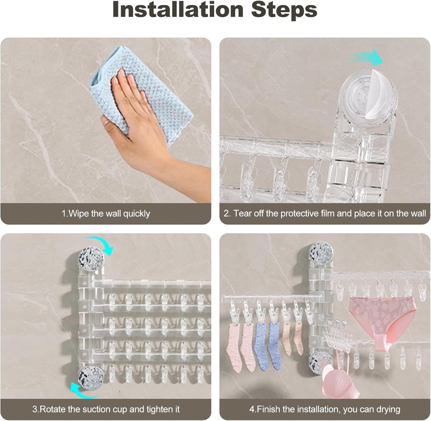 Clothes Drying Rack Wall Mounted, Clothes Drying Rack Folding with Clip, 180° Rotation, Balcony Drying Rack Dryer, Space Saver for Socks, Underwear, Rags, Towels