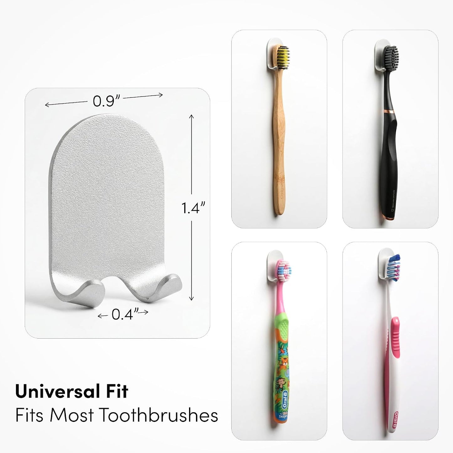 Aluminum Toothbrush Holder, Set of 4 Wall Mounted Self-Adhesive Clips, Anodized Finish for Quick-Dry Storage – No Drilling Required