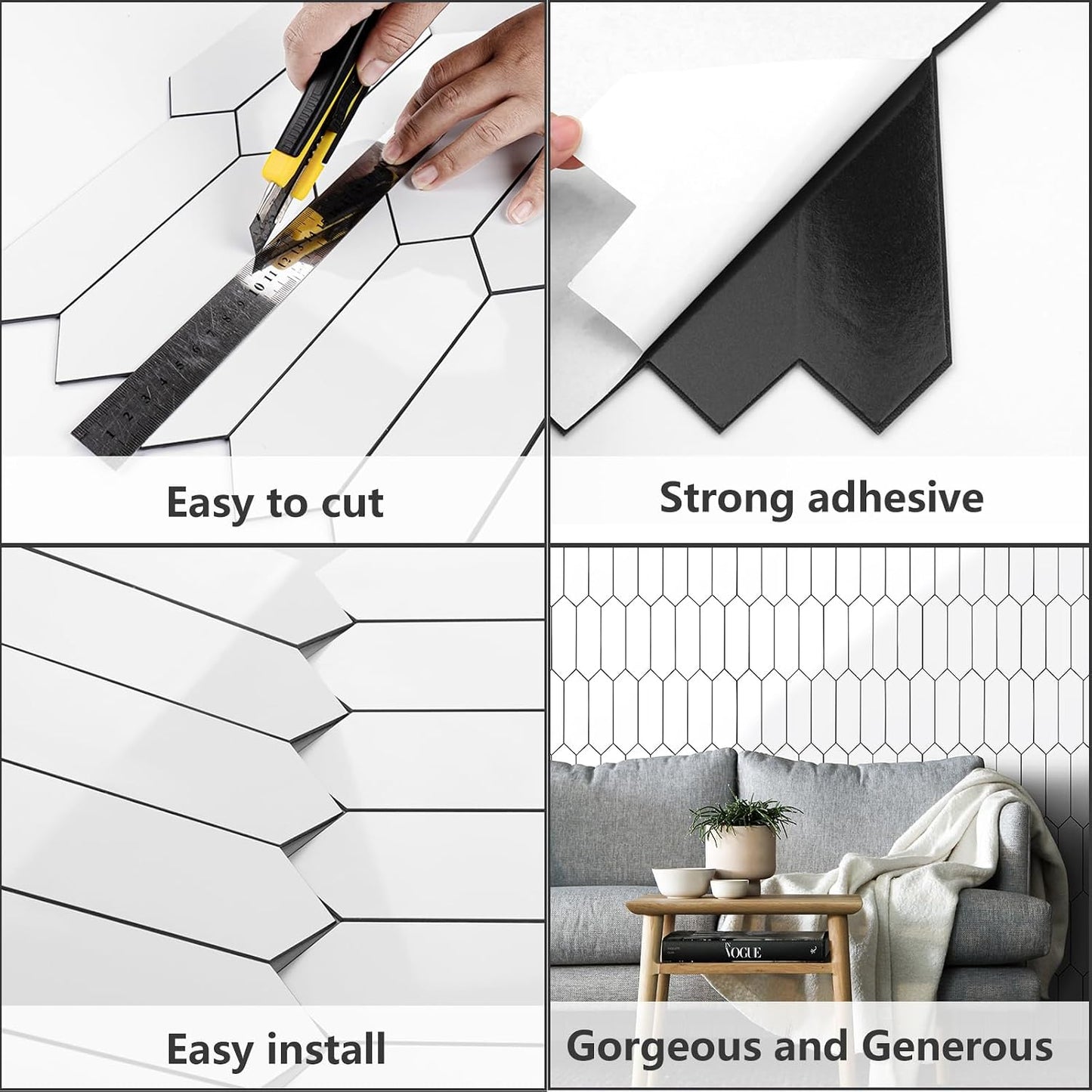 Vamos Tile Glossy Dolomite White Backsplash Tile Peel and Stick, 12.8 x 12.8 Inch 10 Sheets Long Hexagon PVC Self Adhesive Mosaic Wall Tiles Stick on Backsplash for Kitchen and Bathroom