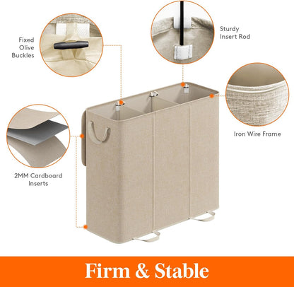 Lifewit Double Laundry Hamper with Lid and Removable Laundry Bags, Large Collapsible 2 Dividers Dirty Clothes Basket with Handles for Bedroom Laundry Room Closet Bathroom College, 136L Beige