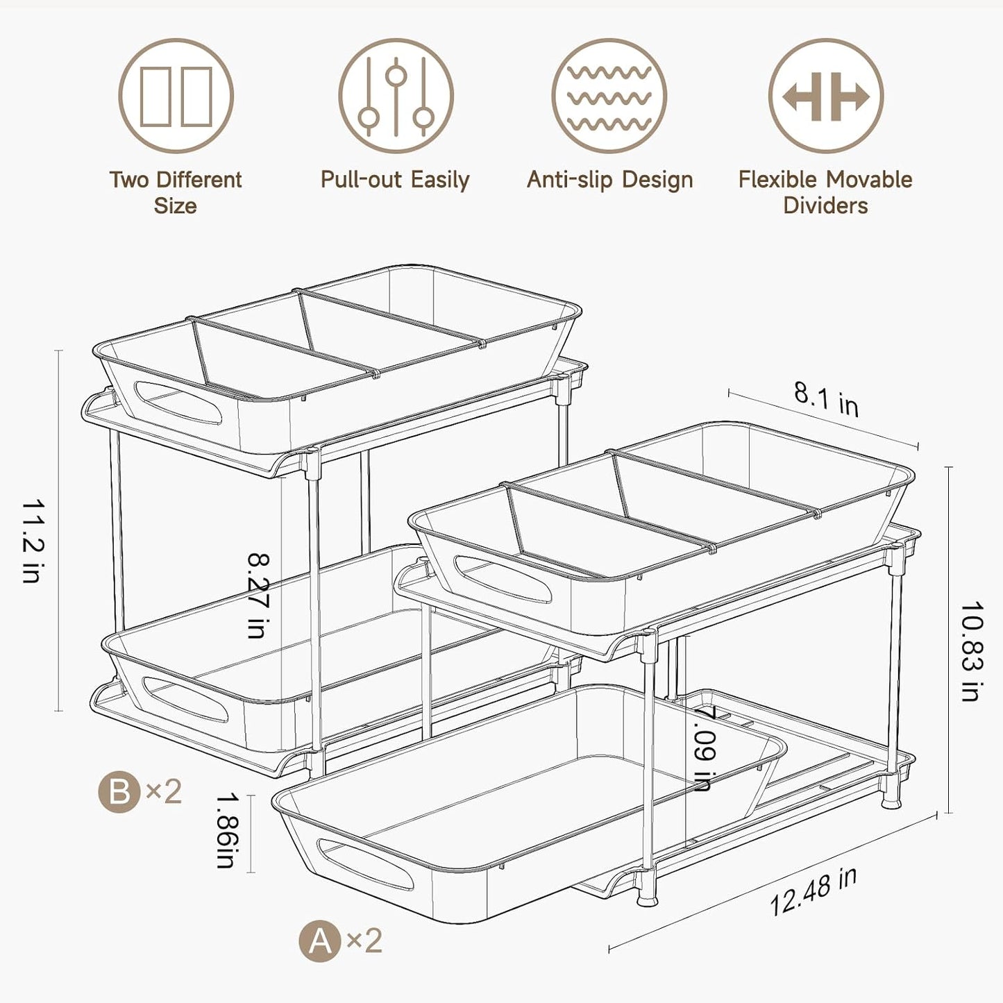 Sevenblue 4-Pack 2-Tier Under Sink Organizer with Pull Out Drawers | Multi-use kitchen & bathroom storage. Includes hanging hooks and cups. Black, space-saving cabinet design.