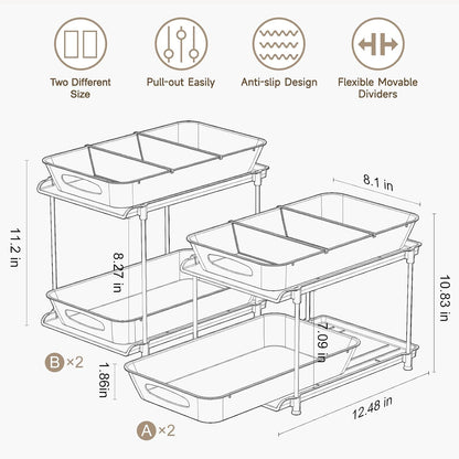 Sevenblue 4-Pack 2-Tier Under Sink Organizer with Pull Out Drawers | Multi-use kitchen & bathroom storage. Includes hanging hooks and cups. Black, space-saving cabinet design.
