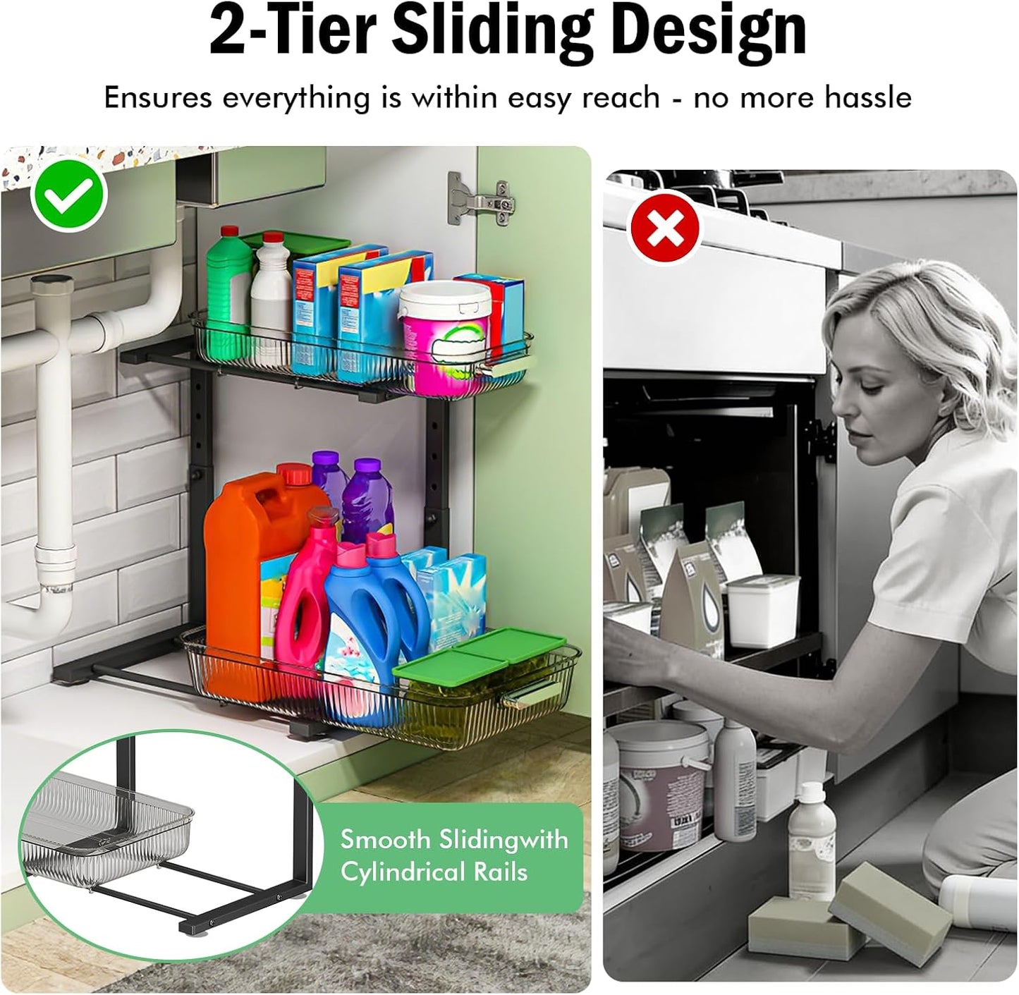 ARSTPEOE 2 Pack Double Sliding Under Sink Organizers and Storage,Two Tier Bathroom Storage and organization,Under Cabinet Organizer, Clear