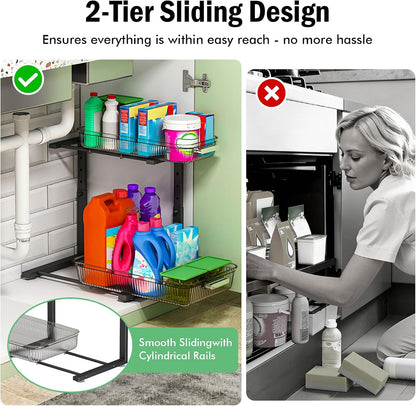 ARSTPEOE 2 Pack Double Sliding Under Sink Organizers and Storage,Two Tier Bathroom Storage and organization,Under Cabinet Organizer, Clear