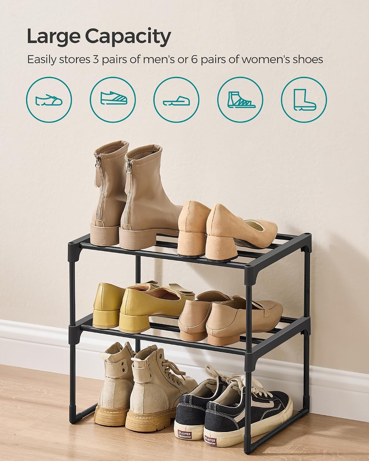 SONGMICS Shoe Rack, 6-Tier Shoe Organizer, Metal Storage Shelf, Upright or Upside Down, for 24-30 Pairs, Stackable, for Entryway, 11.8 x 36.2 x 42.7 Inches, Black ULSA306BH01