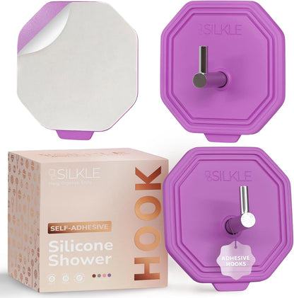 SILKLE Adhesive Silicone Shower Hooks - Adhesive Wall Hooks & Towel Holder for Bathroom, Tile, Glass, No-Drill, Waterproof & Rustproof, Heavy-Duty Stainless Steel, Damage-Free Removal - 2 Pack, Brown