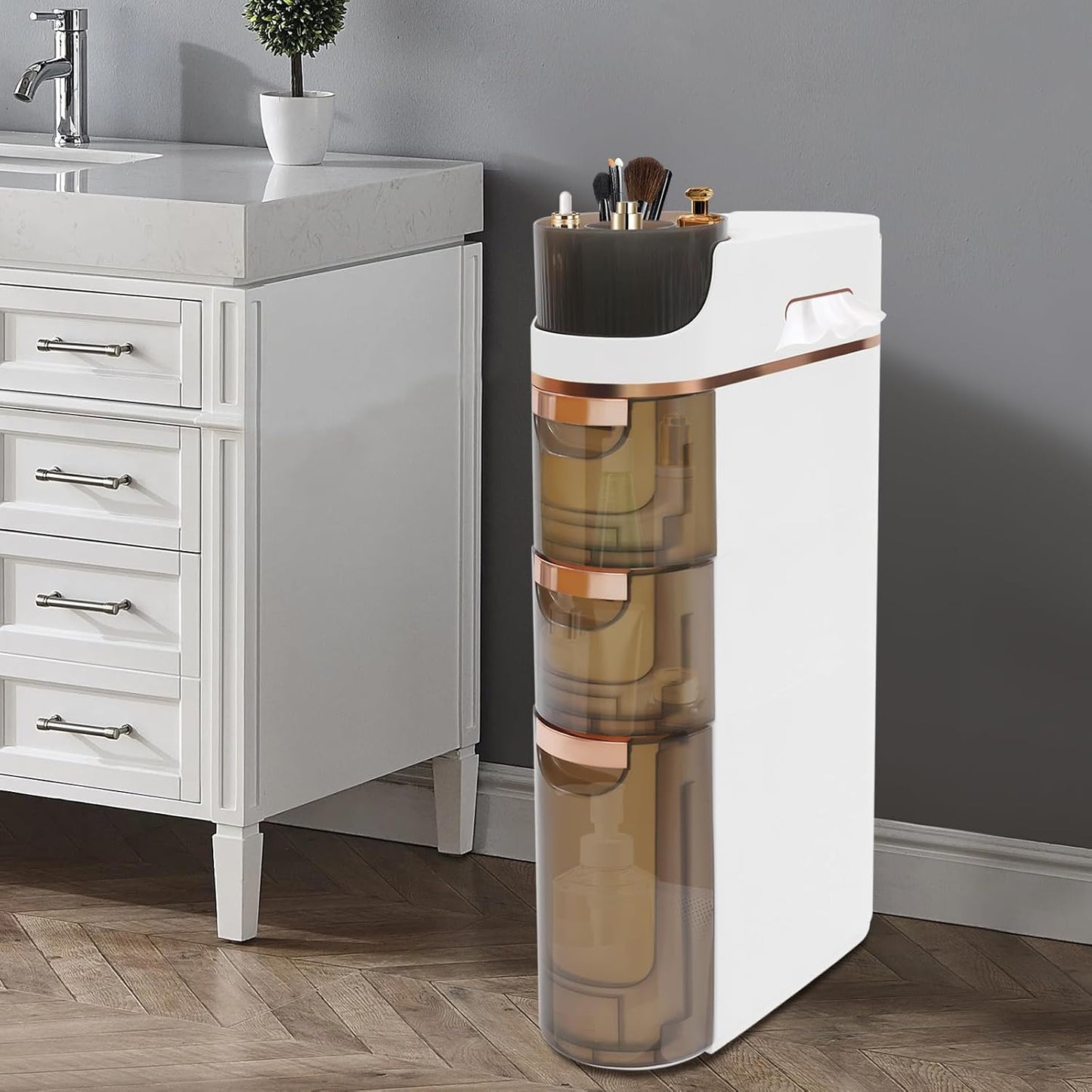 7.09 Inch Slim Bathroom Storage Cabinet with 3 Drawers, PP Narrow Rolling Organizer Cart with Tissue Slots No Assembly Required for Kitchen Laundry Small Spaces