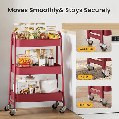 DUMOS 3 Tiers Rolling Cart, Utility Cart, Metal, White | Mobile Storage, Lockable Wheels, Utility Shelving Unit, Kitchen, Bathroom, Laundry, Narrow Places