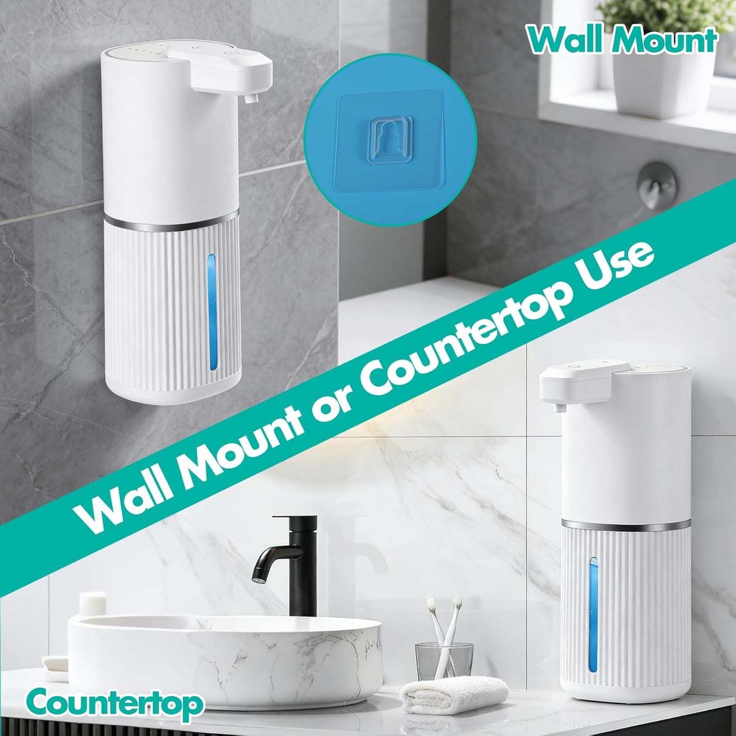 Automatic Soap Dispenser, Foaming Soap Dispenser Touchless with Continuous Dispensing, 4-Level Adjustable, Rechargeable Hand Soap Dispensers, Wall Mounted or Countertop for Bathroom & Kitchen