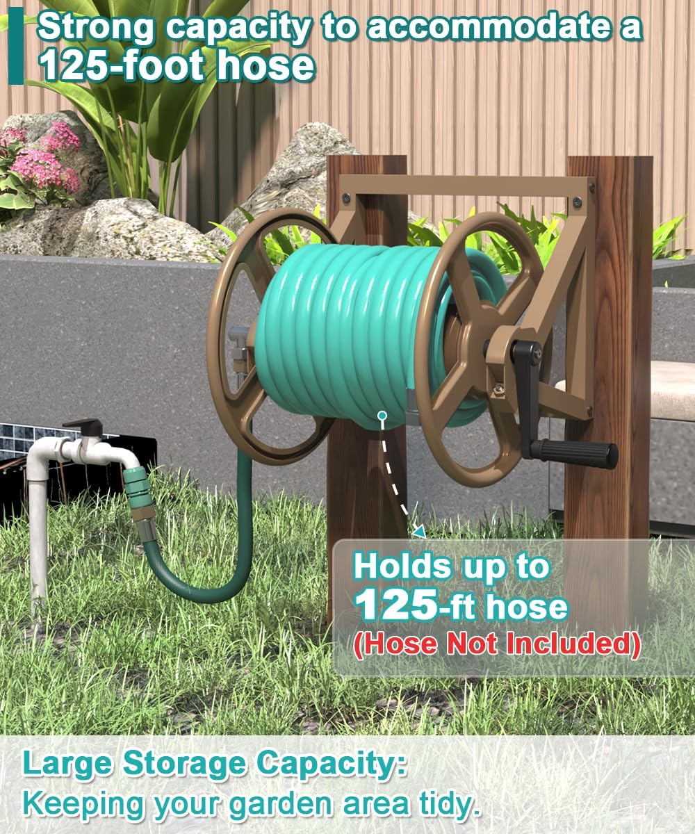 Artigarden Garden Hose Reel Wall Mounted, Outdoor Heavy Duty Powder Coated Metal Water Hoses Holder Winder Holds 125 ft 5/8" Hoses with 3.9ft Leader Hose, Stainless Steel Connector for Outside, Black