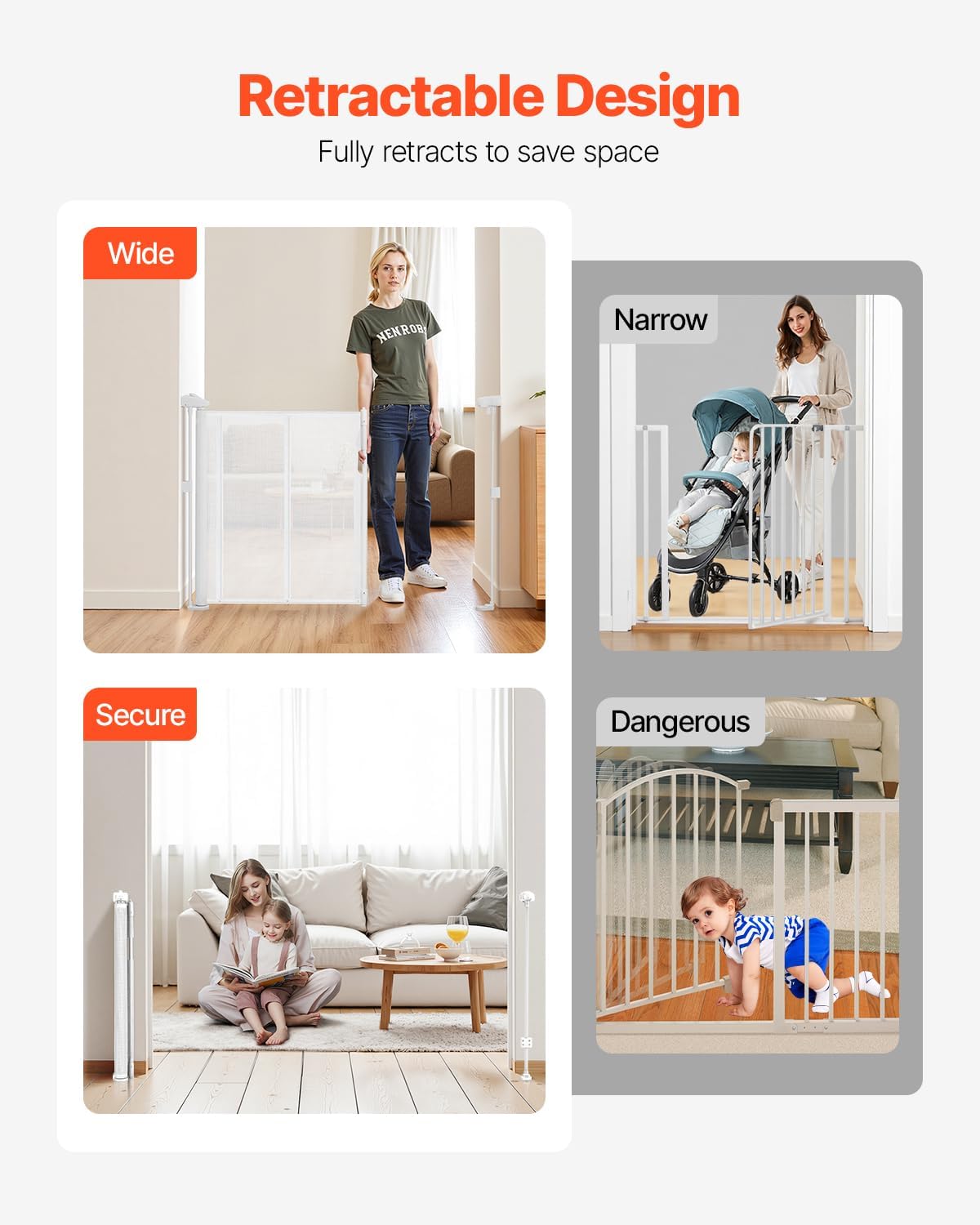 VEVOR Retractable Baby Gate, 34 inch Tall, Extends up to 71 inch Wide, Retractable Gate for Kids or Pets, Mesh Material, Easy to Install for Indoor Stairs, Doorways, Hallways, Playrooms, Gray