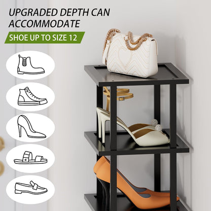 Vertical Tall Shoe Rack Organizer for Entryway -7 Tier Free Standing Slim Narrow Bamboo Wood Corner Stackable Shoe Boots Storage Stand Small Spaces for Closet Garage Cloakroom Living Room (Black)