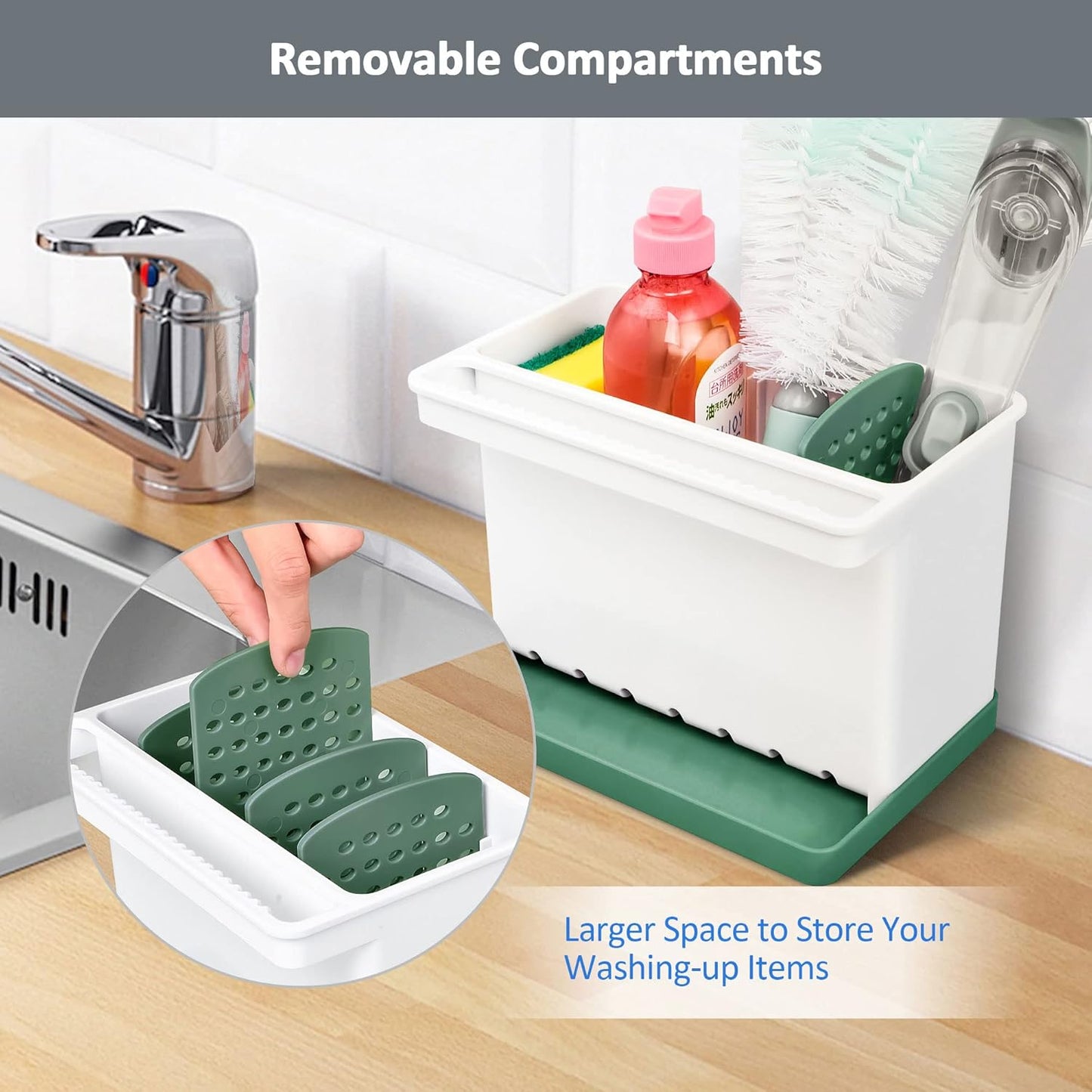 JOMOLA Kitchen Sink Organizer Dish Brush Sponge Holder Caddy Toothbrush Holders for Bathrooms Sinkware Kitchen Utensil Holder Sink Caddy Organizer with 4 Separate Dividers Removable Drain Tray (Grey)