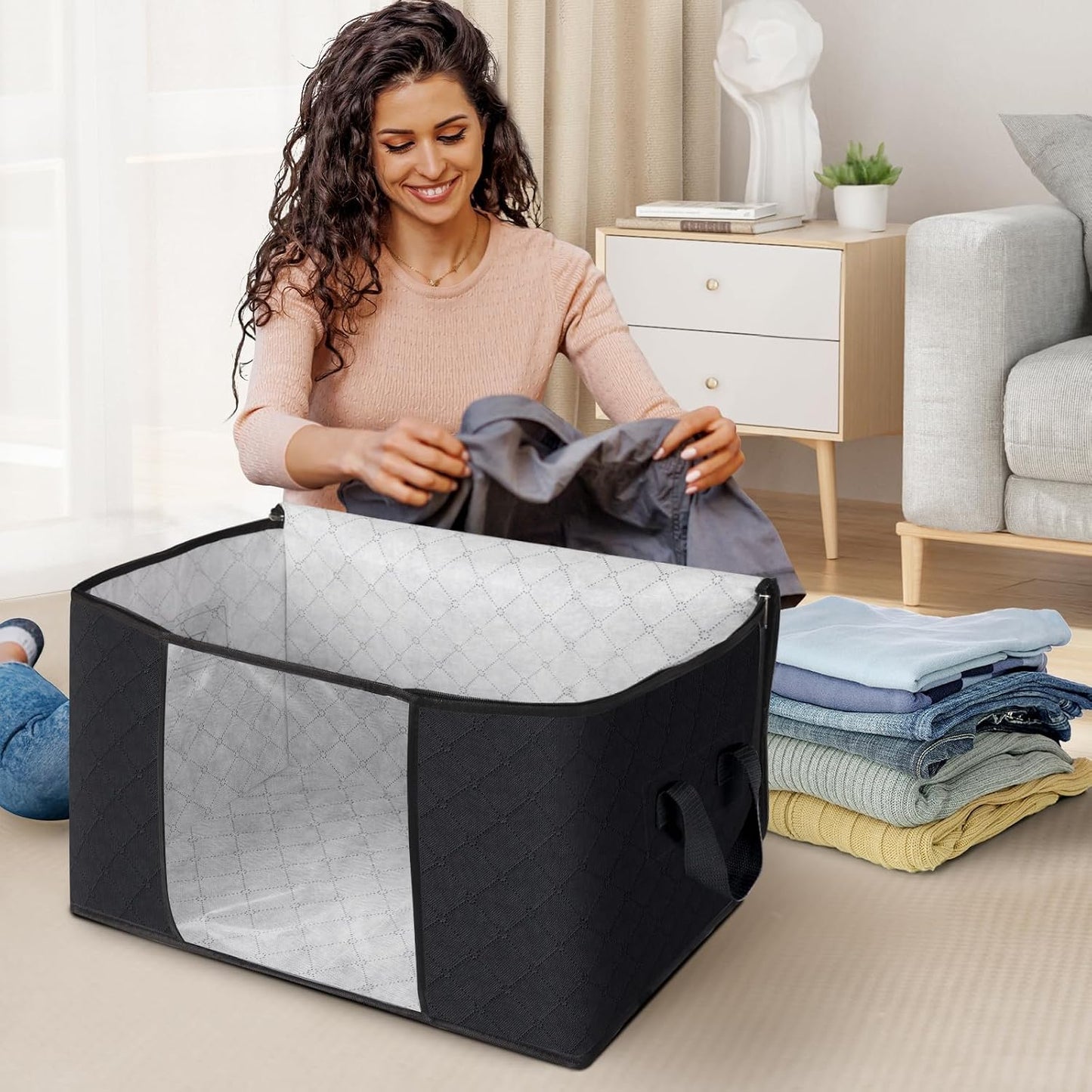 Fab totes 6 Pack Storage Bags for Clothes and Blanket, Foldable Closet Organizers and Storage with Zippers, Clear Window and Handles, Fabric Storage Bins for Sweater, Comforter, Bedding,Linen Sheets