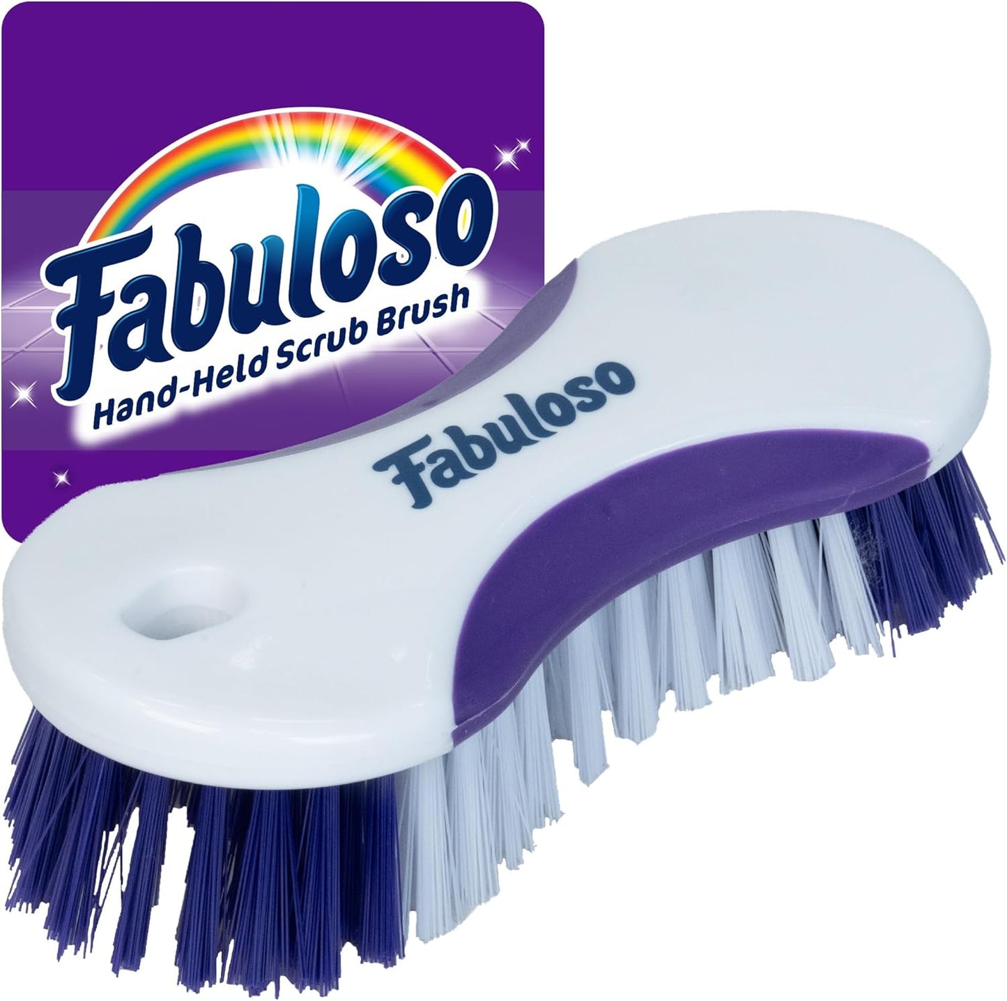 Fabuloso Cleaning Brush, Compact Hand Scrub Brush with Easy Grip Rubber Texture for Kitchen, Bathroom, Tile, Baseboards and Floors, Firm Bristles for Indoor Surface Cleaning, White & Purple, 6 Inch