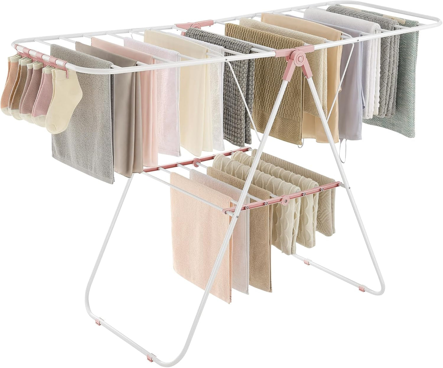 SONGMICS Clothes Drying Rack, with Sock Clips, Metal Laundry Rack, Foldable, Space-Saving, Free-Standing Airer, with 2 Height-Adjustable Gullwings, Indoor Outdoor Use, Gray ULLR052G01