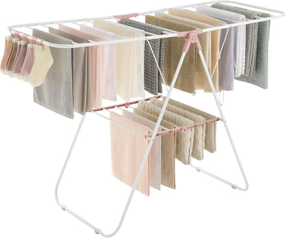 SONGMICS Clothes Drying Rack, with Sock Clips, Metal Laundry Rack, Foldable, Space-Saving, Free-Standing Airer, with 2 Height-Adjustable Gullwings, Indoor Outdoor Use, Gray ULLR052G01