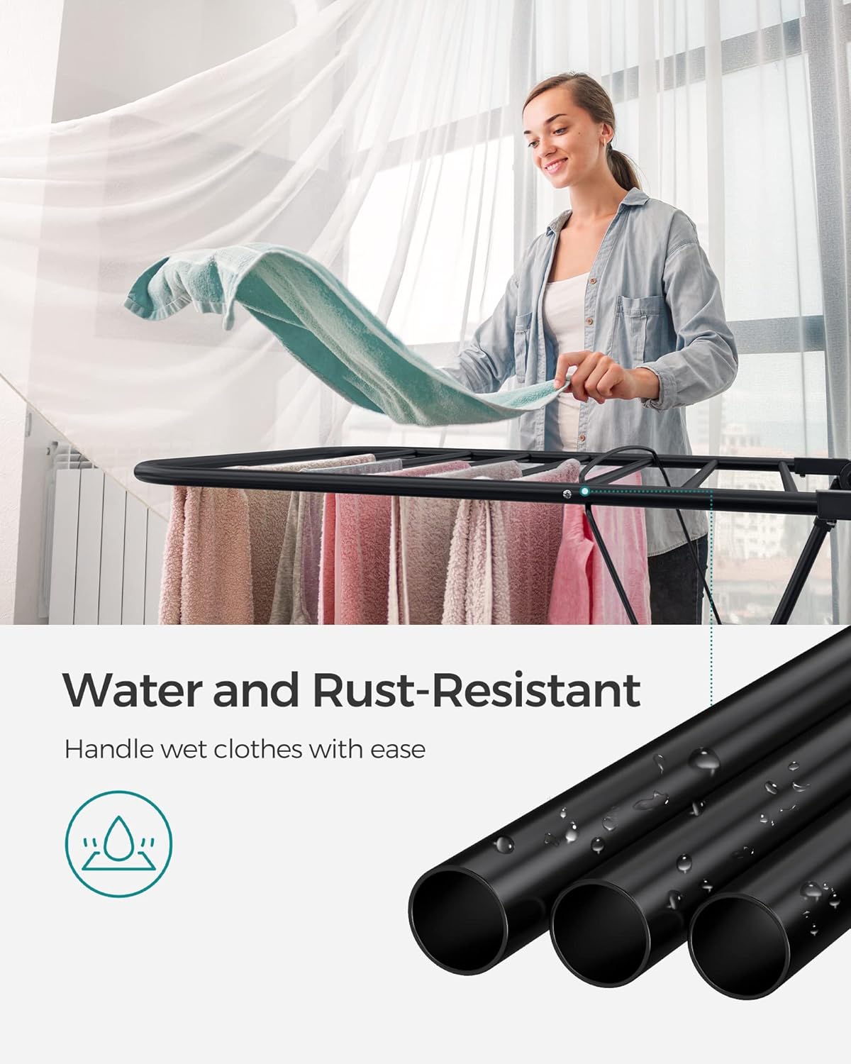 SONGMICS Clothes Drying Rack, with Sock Clips, Metal Laundry Rack, Foldable, Space-Saving, Free-Standing Airer, with 2 Height-Adjustable Gullwings, Indoor Outdoor Use, Gray ULLR052G01