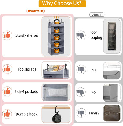 4-Shelf Hanging Closet Organizer and Storage with 4 Side Pockets, Collapsible Closet Hanging Shelves for Storage, Grey