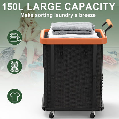 230L (60 Gal) Extra Large Fashion Laundry Sorter 3 Section with Lid, Rolling Laundry Basket Hamper with Handle, Laundry Organizer Storage Cart with Sturdy Metal Frame for Laundry Room, Hotel, White