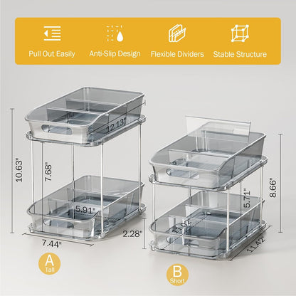 Delamu 2-Tier Under Sink Organizers and Storage, Multi-Purpose Stackable Bathroom Cabinet organizers, Pull Out Kitchen Pantry Organization and Storage with Dividers(2 Pack, Clear)