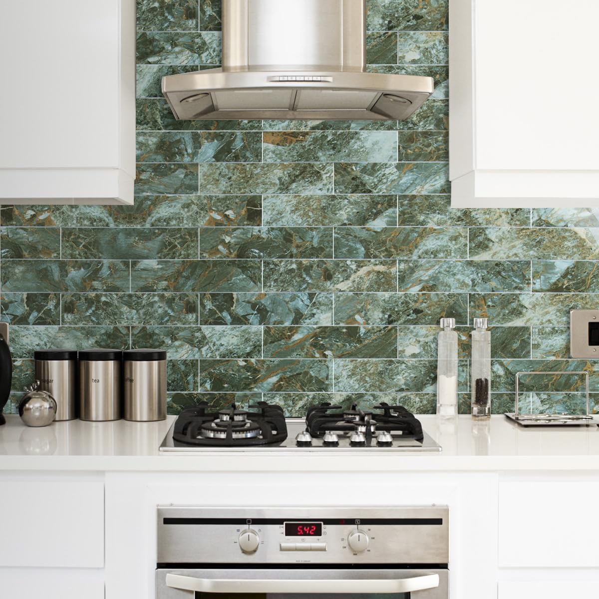 AULIGET 40-Piece Polished White Marble with Gold Peel and Stick Backsplash Wall Tiles, 3" x 12" PVC Faux Stone Stick on Tiles for Backsplash Kitchen, Bathroom, Laundry Room, Camper, Fireplace