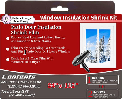 Large Patio Door Shrink Film Window Insulation Kit 84-Inch By 112-Inch，Clear, Keeps Cold Air Out and Warm Air in (1 Pack)