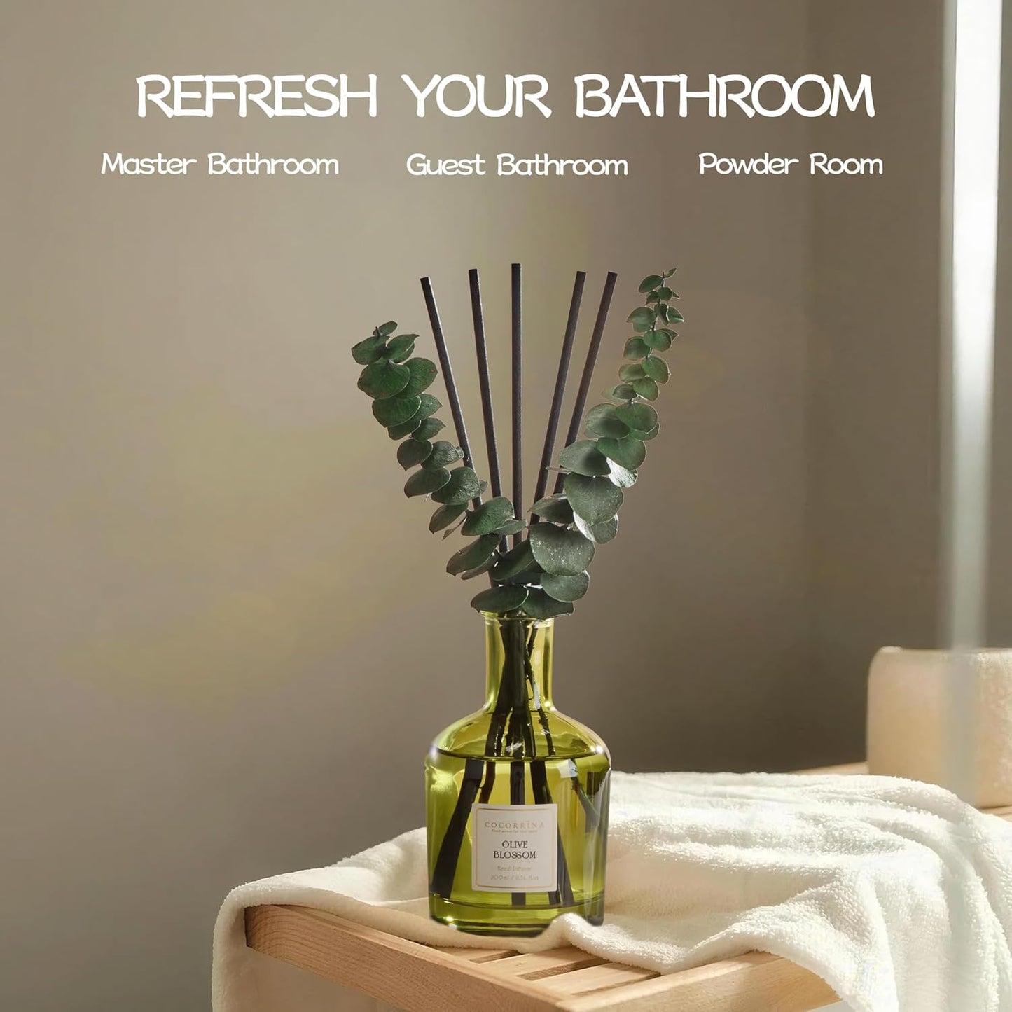 COCORRÍNA Wild Mint & Eucalyptus Reed Diffuser – 6.76 oz Essential Oil with 8 Reeds & Real Eucalyptus Sticks, Home Fragrance for Bedroom or Bathroom Décor