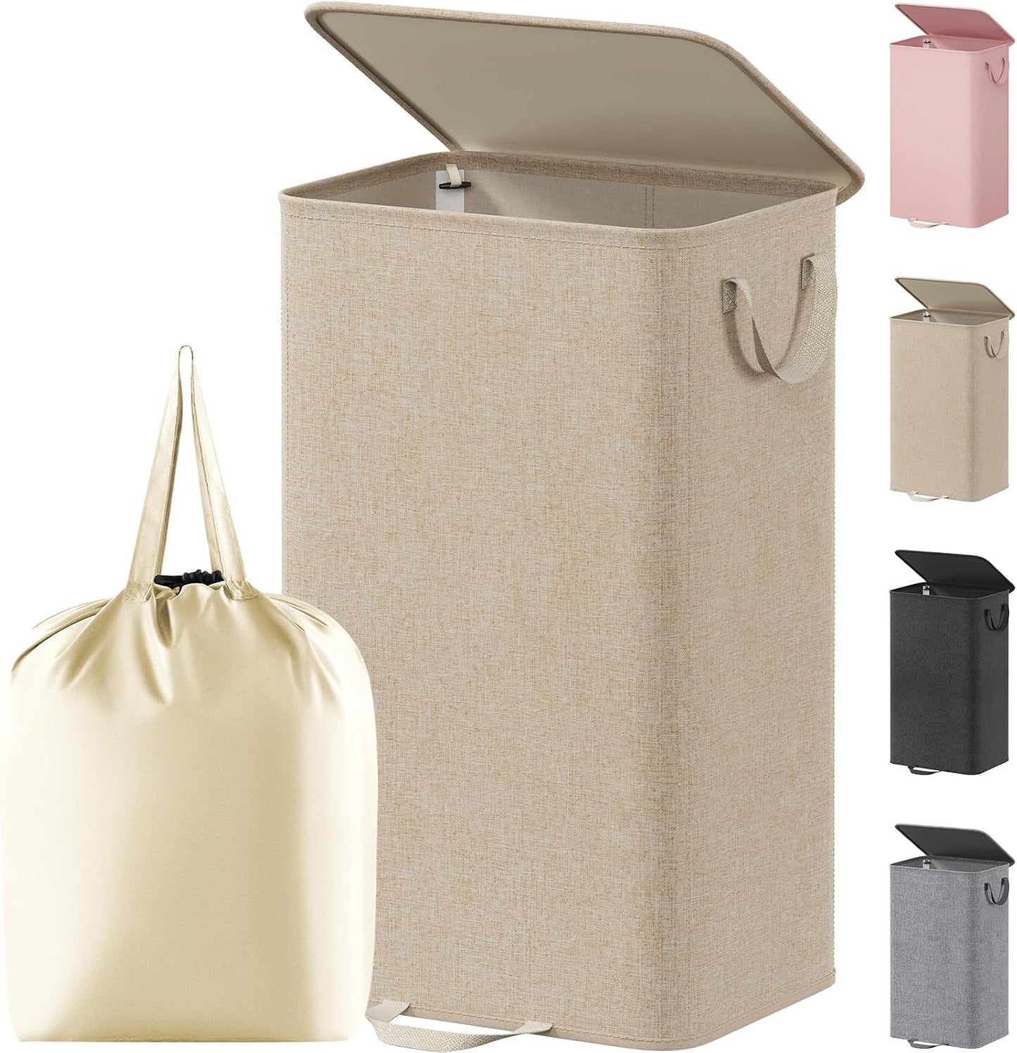 Lifewit Double Laundry Hamper with Lid and Removable Laundry Bags, Large Collapsible 2 Dividers Dirty Clothes Basket with Handles for Bedroom Laundry Room Closet Bathroom College, 136L Beige
