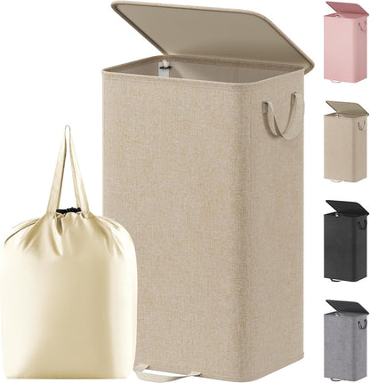 Lifewit Double Laundry Hamper with Lid and Removable Laundry Bags, Large Collapsible 2 Dividers Dirty Clothes Basket with Handles for Bedroom Laundry Room Closet Bathroom College, 136L Beige