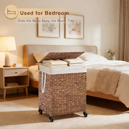 3-Section Laundry Hamper with Lid, Large Capacity Woven Natural Water Hyacinth Laundry Sorter with Removable Liners, Rolling or Non-Slip Design for Bedroom (Natural, 155L)