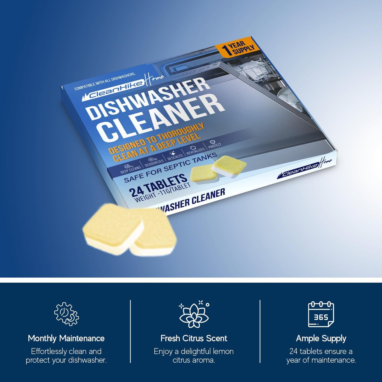 Dishwasher Cleaner Tablets - 24 Pack Dishwasher Cleaner and Deodorizer for Hard Water, Limescale, Calcium Buildup, Grease & Odors - Septic Safe Citric Acid Formula, 1 Year Supply