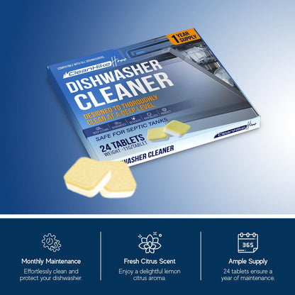 Dishwasher Cleaner Tablets - 24 Pack Dishwasher Cleaner and Deodorizer for Hard Water, Limescale, Calcium Buildup, Grease & Odors - Septic Safe Citric Acid Formula, 1 Year Supply