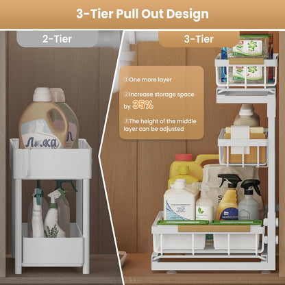 Under Sink Organizer and Storage for Bathroom and Kitchen - 2 Pack 3 Tier Under Cabinet Pull Out Shelf Organizers - Slide Out Drawer Organization for Home Cabinets Shelves and Drawers