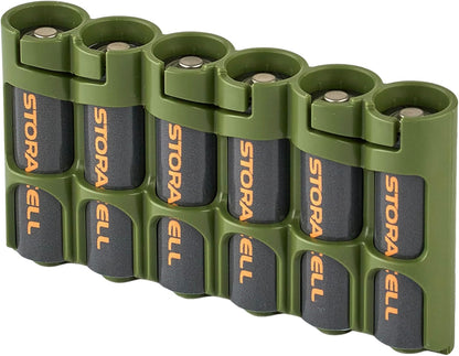Storacell Slimline AA-6 Battery Storage Caddy and Dispenser (Pack of 2), Military Green, Holds 6 AA Batteries (Not Included), Durable & Compact Design, The Original Battery Caddy, Made in The USA