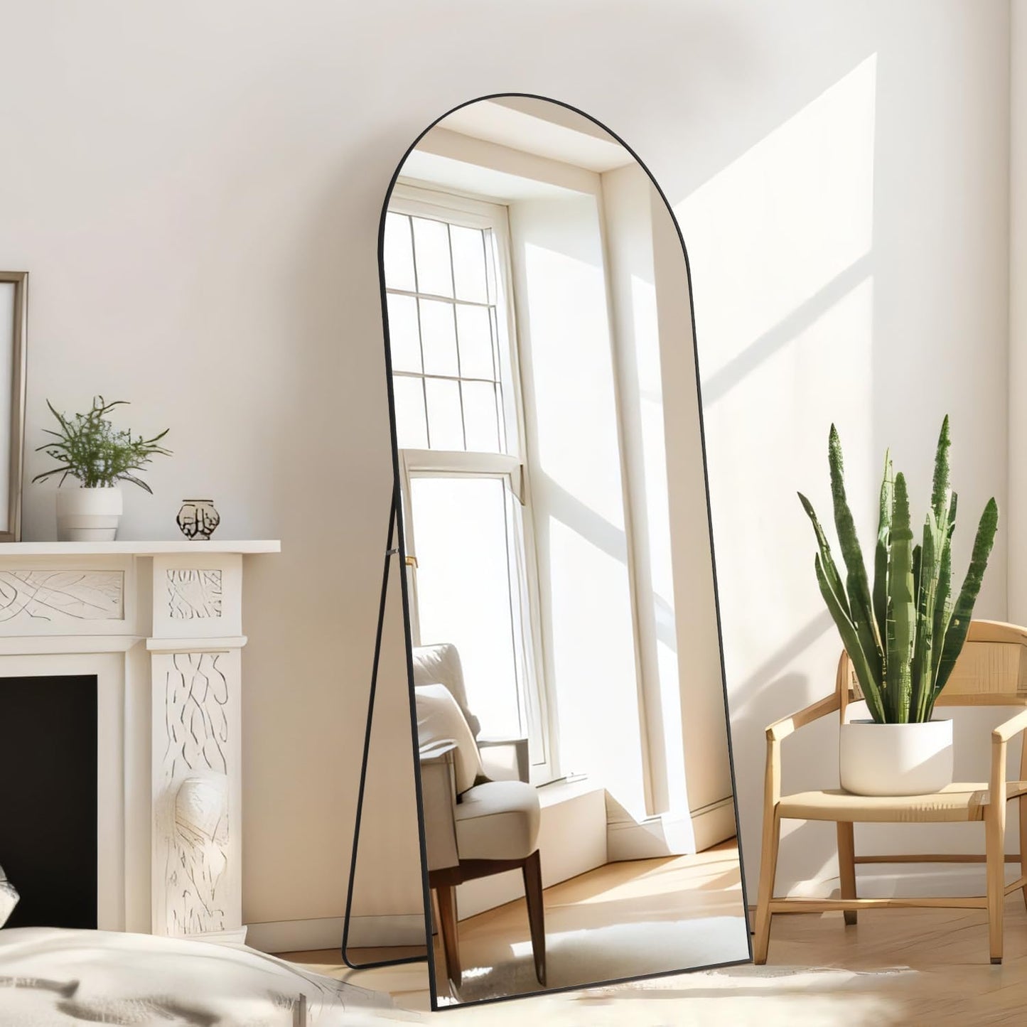 Arched Mirror Full Length, Upgraded 16"x59" Body Wall Mirrors with Shatter-Proof Glass, Floor Standing, Hanging or Leaning, Tall Arch Mirror with Stand Aluminum Alloy Frame for Bedroom, Black