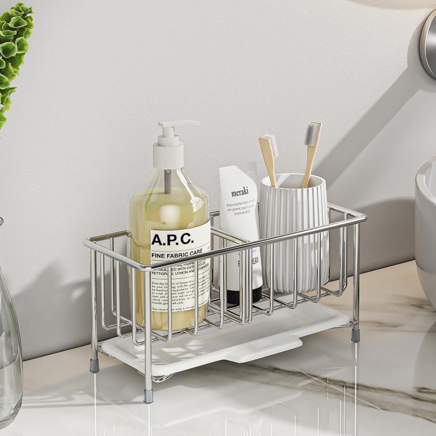 Kitchen Sink Sponge Holder, 304 Stainless Steel Soap Dispenser Caddy Organize, Kitchen Sink Brush Caddy Holder with Removable Drain Tray