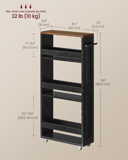 VASAGLE 4-Tier Slide-Out Storage Cart, Slim Kitchen Cart for Small Spaces, with Wheels, Handle, Bathroom, Laundry Room, 5.9 x 17 x 34.1 Inches, Rustic White and Honey Brown ULRC050K01