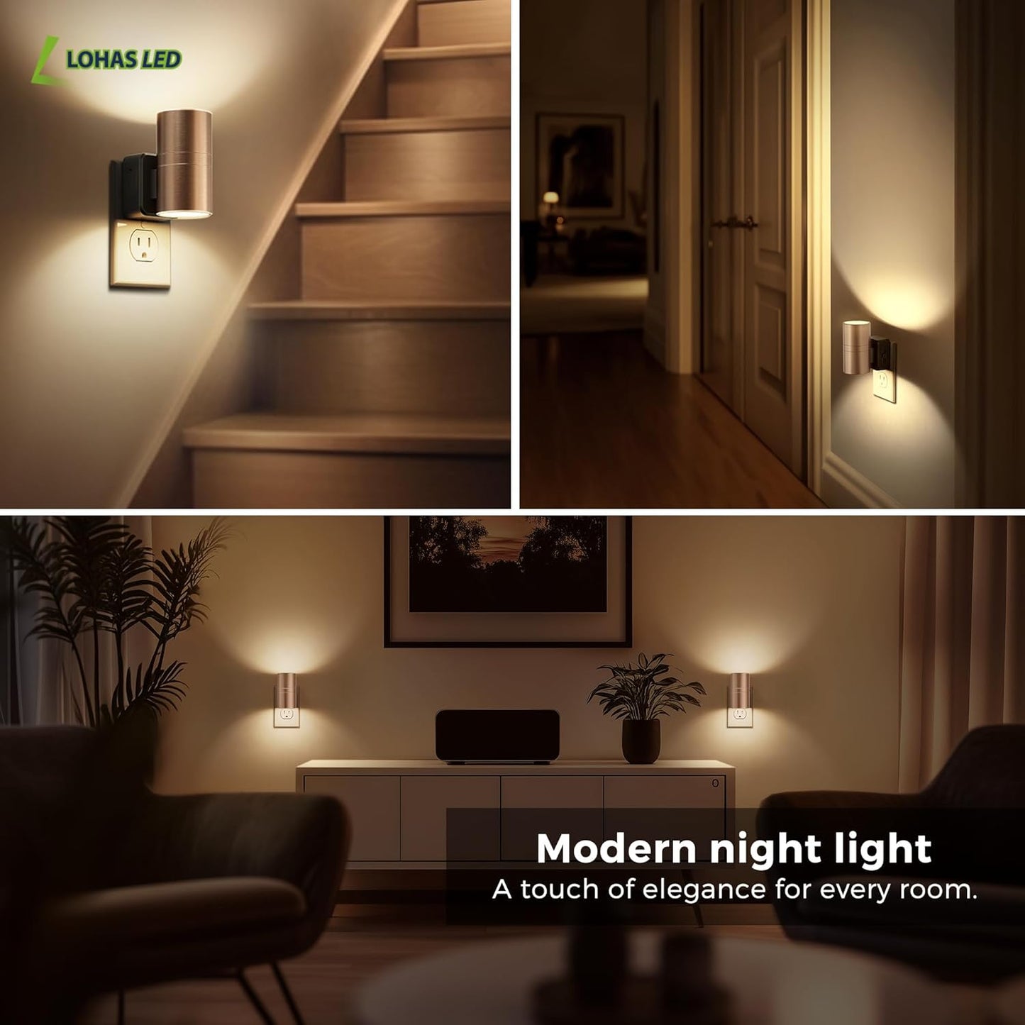 L LOHAS LED Night Light,Dimmable Night Lights Plug into Wall, 2 Pack Acrylic Nightlight with 0-100 LM Adjustable Brightness, 3000K Plug in Night Light with Dusk to Dawn Sensor, for Bathroom Hallway