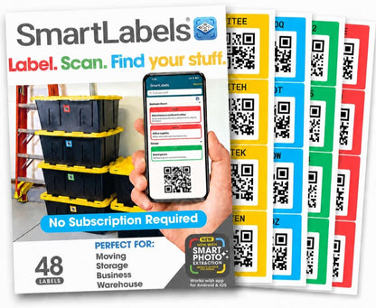 Smart Labels QR Code Stickers with AI Photo Analysis App - Auto-Creates Item Descriptions - No Typing - Made in USA - QR Code Labels for Storage & Inventory Tracking, Organization & Moving, Pack of 48