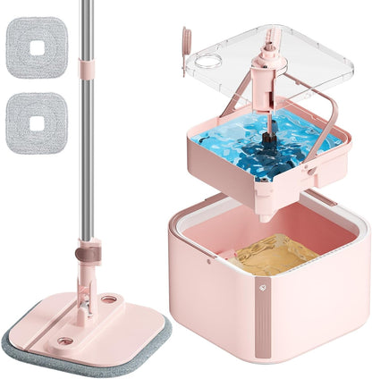 Spin Mop and Bucket Set with 2 Replaceable Microfiber Mop Pads with Self Separation Dirty and Clean Water System, Self Wringing 360° Rotating Square Mop Head for Hardwood Tile Marble Floors
