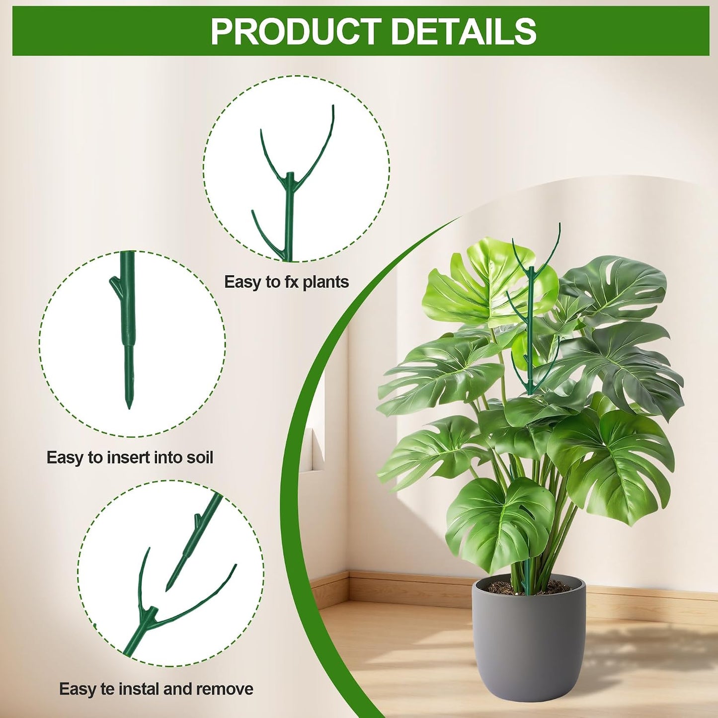 5 Pack Monstera Plant Support with 50 Clips, Stackable Plant Stakes for Indoor & Outdoor Plant, Climbing Plant Support, Plant Sticks for Pothos & Other Small Plants, Replacement for Moss Pole