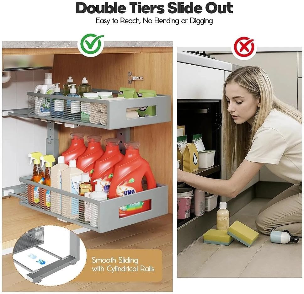 Under Sink Organizer, 2-Tier Dual Pull Out Cabinet Organizer Drawers With Smooth Circular Rail, Large Capacity Metal Mesh Sliding Shelves For Bathroom& Kitchen Storage,Height Adjustable–White,2 Packs